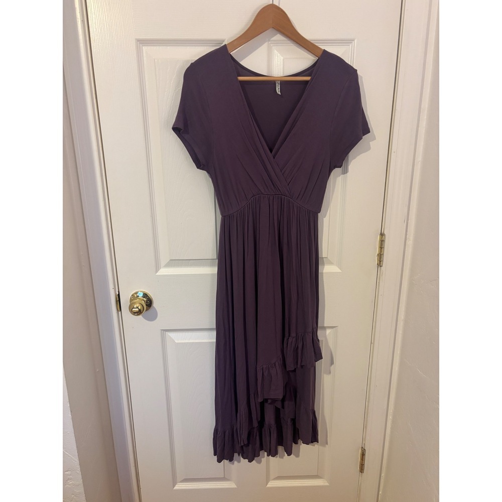 Mother Bee Maternity High Low Ruffle Dress Plum Purple V-Neck Short Sleeve Med - Picture 2 of 6